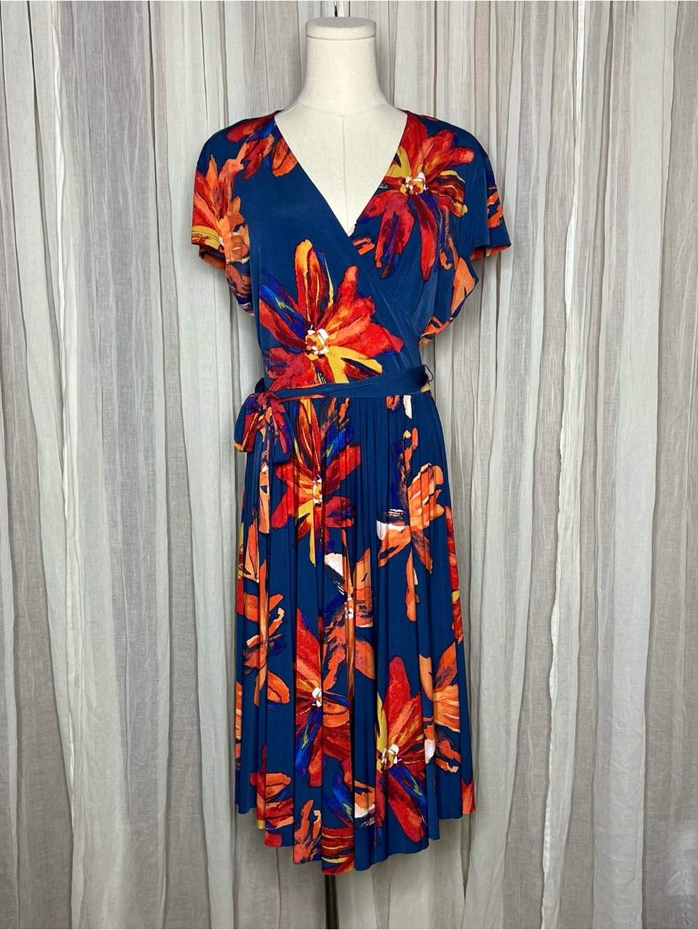 Maggy London Blue & Orange Floral Pleated Faux Wrap Dress